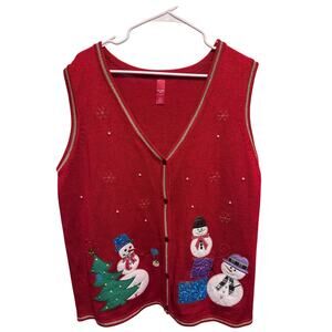 Ugly Christmas Sweater Vest Red Snowman Gold Pearls Plus Size 2X (20)
